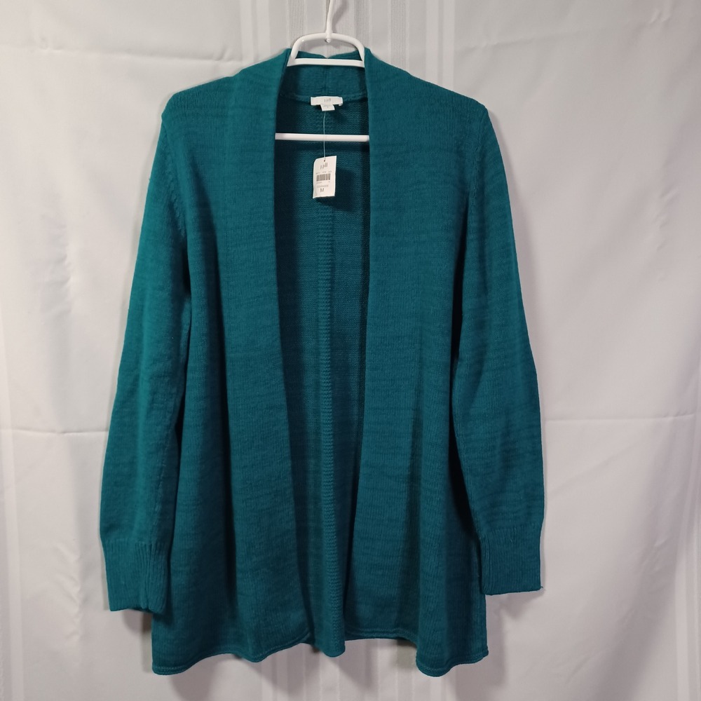 J. Jill Cardigan Womens M Oceanside Teal Open Front Woven Accent Back Sweater